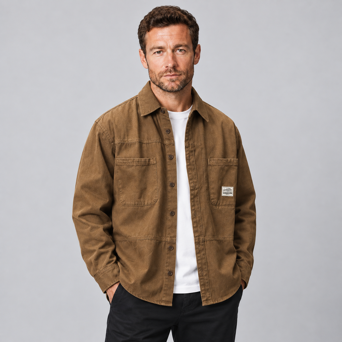 Montarello men's cotton utility overshirt in brown — front studio view