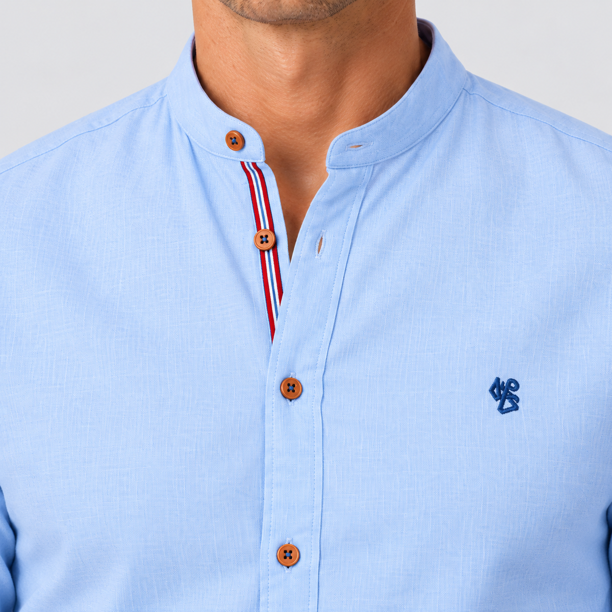 Montarello Men's Collarless Long-Sleeve Shirt — Light Blue — closeup