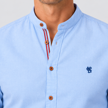 Montarello Men's Collarless Long-Sleeve Shirt — Light Blue — closeup