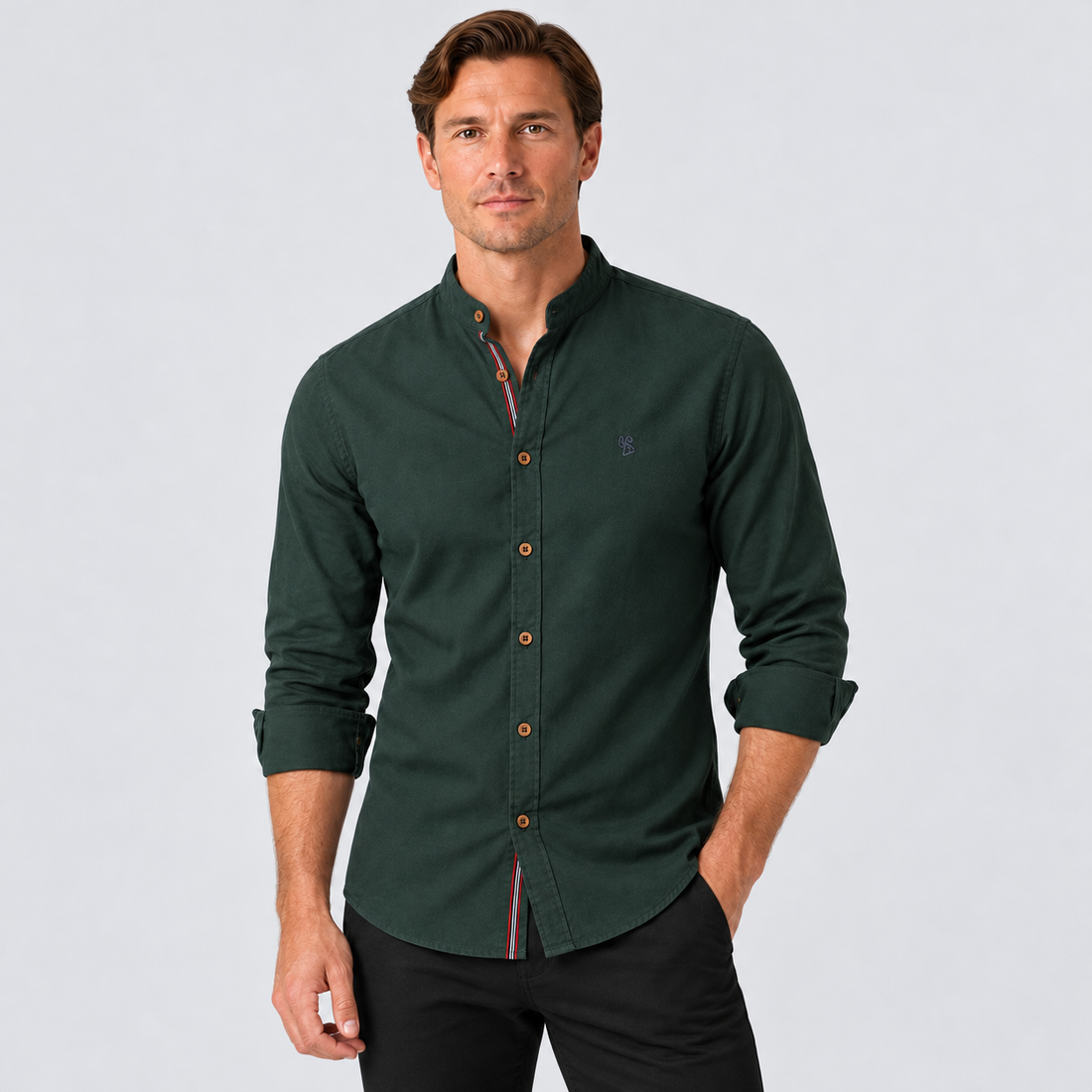 Montarello Men's Collarless Long-Sleeve Shirt — Dark Green — studio front