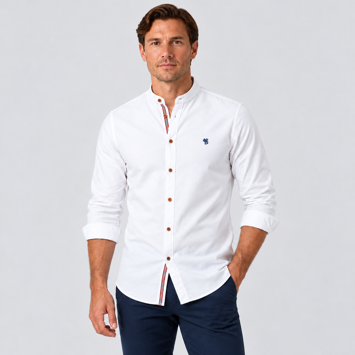 Montarello Men's Collarless Long-Sleeve Shirt — White — studio front