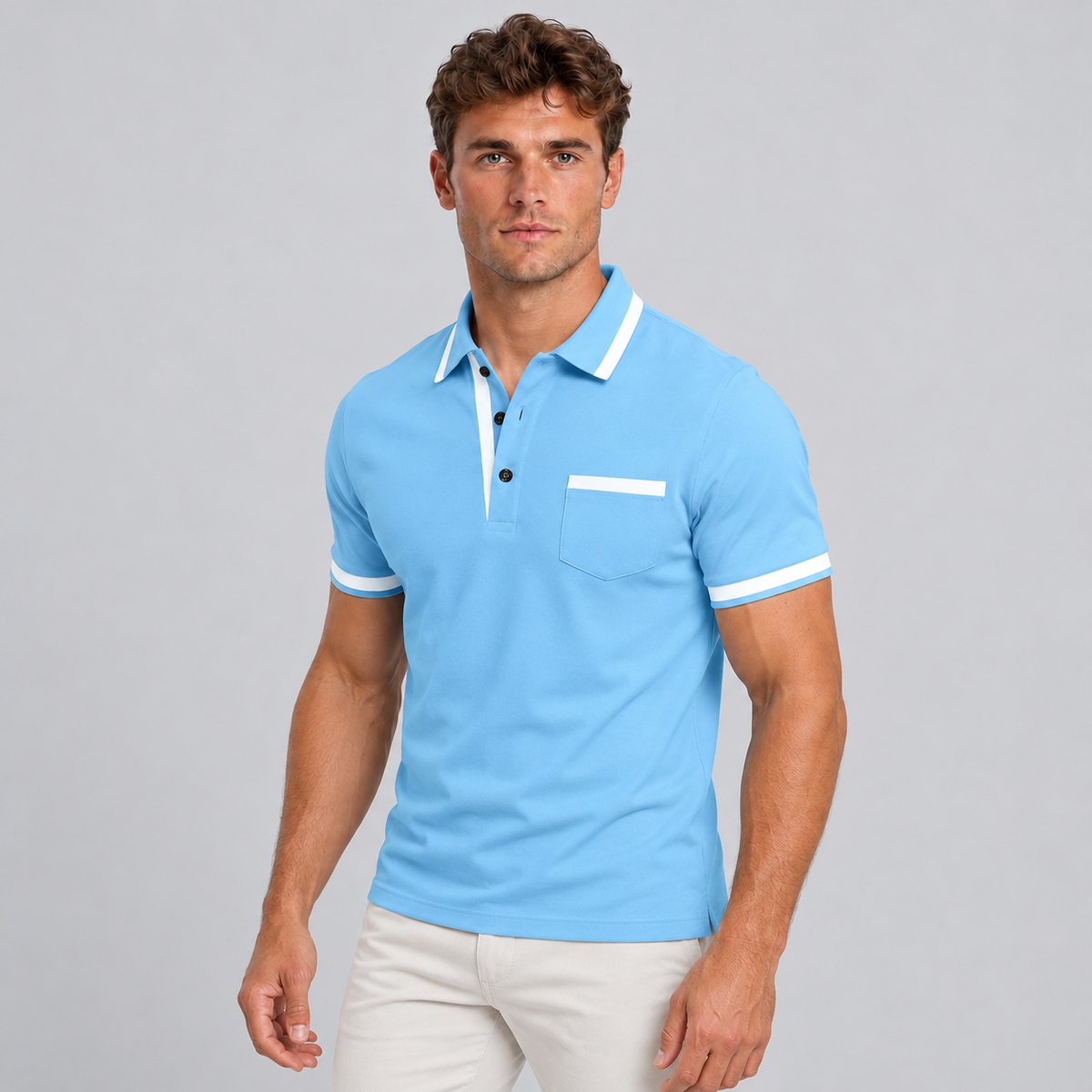 Montarello Men's Cotton Polo Shirt — Blue — studio front