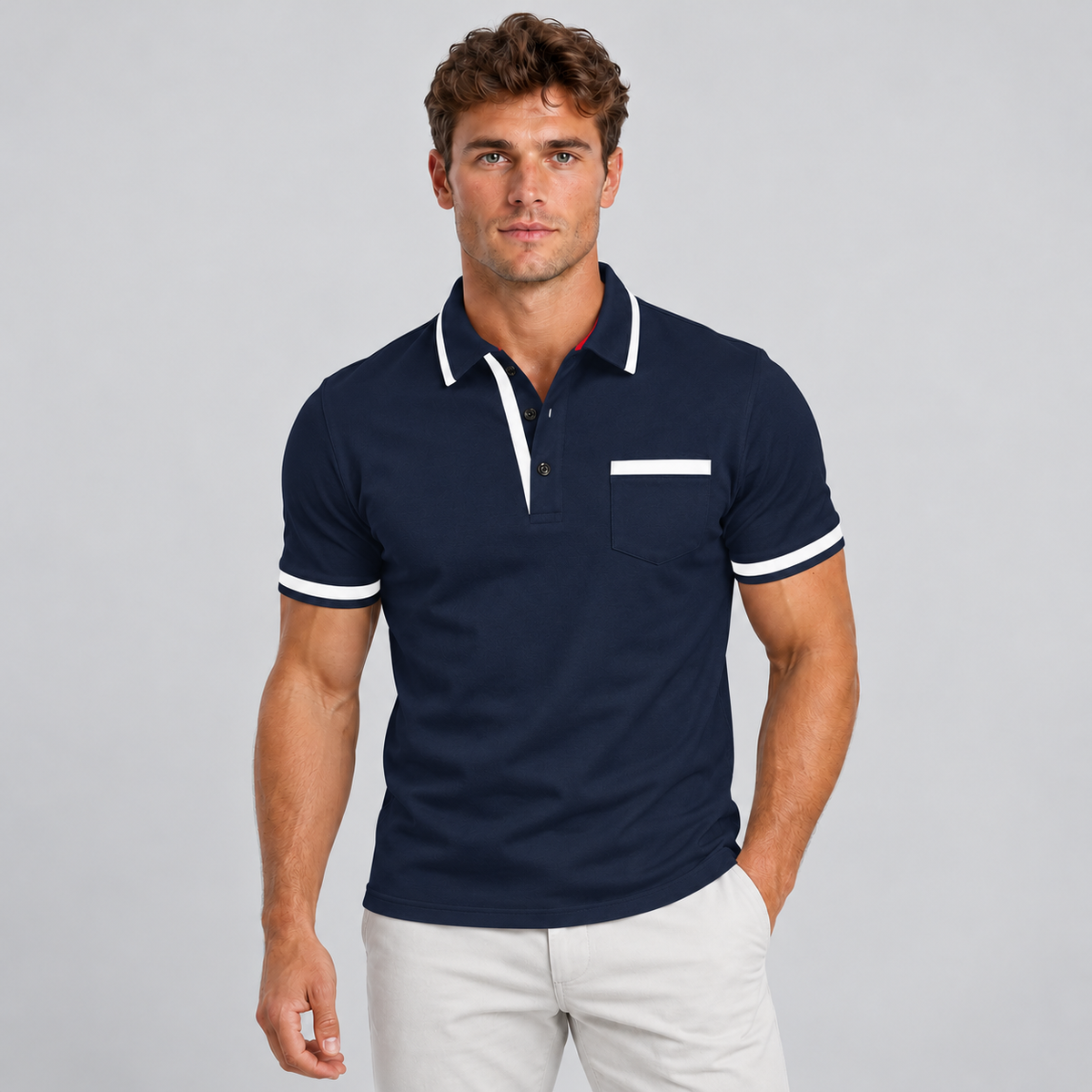 Montarello Men's Cotton Polo Shirt — Dark Blue — studio front