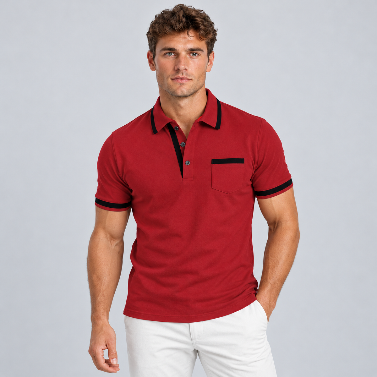 Montarello Men's Cotton Polo Shirt — Red — studio front