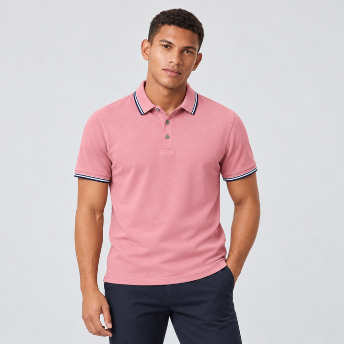 Montarello Men's Piqué Cotton Short-Sleeve Polo Shirt Contrast Trim — Pink — studio front