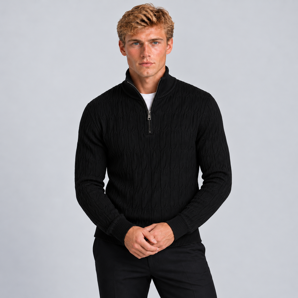 Montarello Men's Quarter Zip Jumper with Textured Funnel Neck — Black — studio front