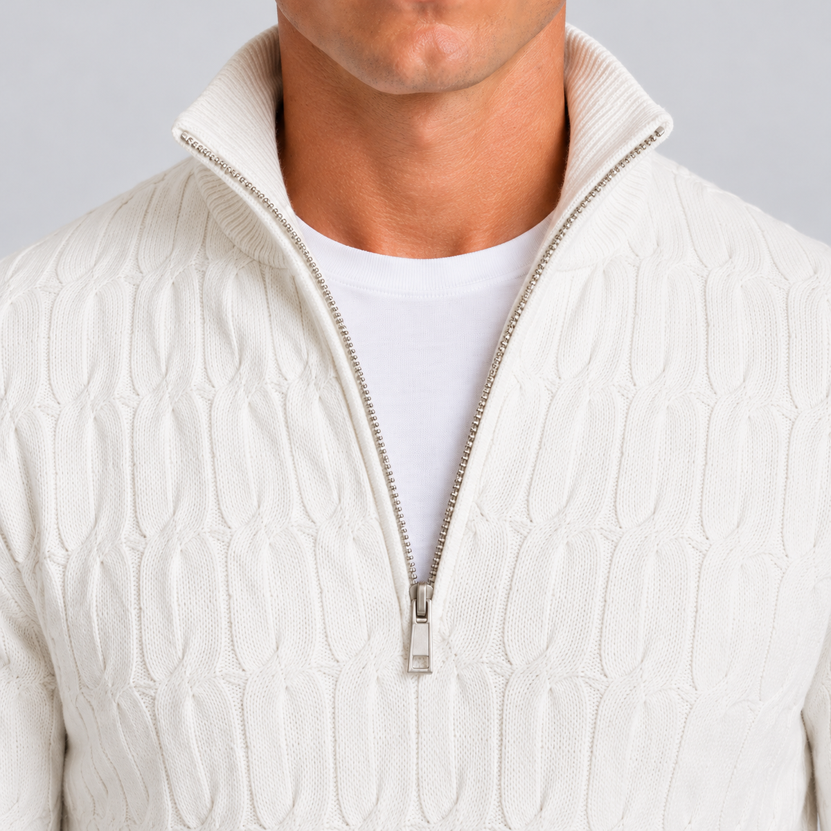 Montarello Men's Quarter Zip Jumper with Textured Funnel Neck — White — closeup