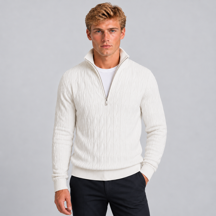 Montarello Men's Quarter Zip Jumper with Textured Funnel Neck — White — studio front