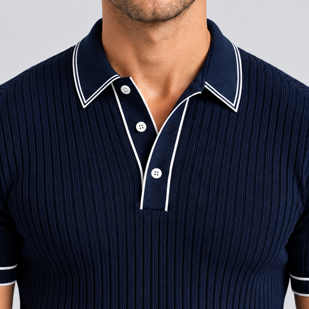 Montarello Men's Ribbed-Knit Polo Shirt with Contrast Trim — Navy Blue — closeup