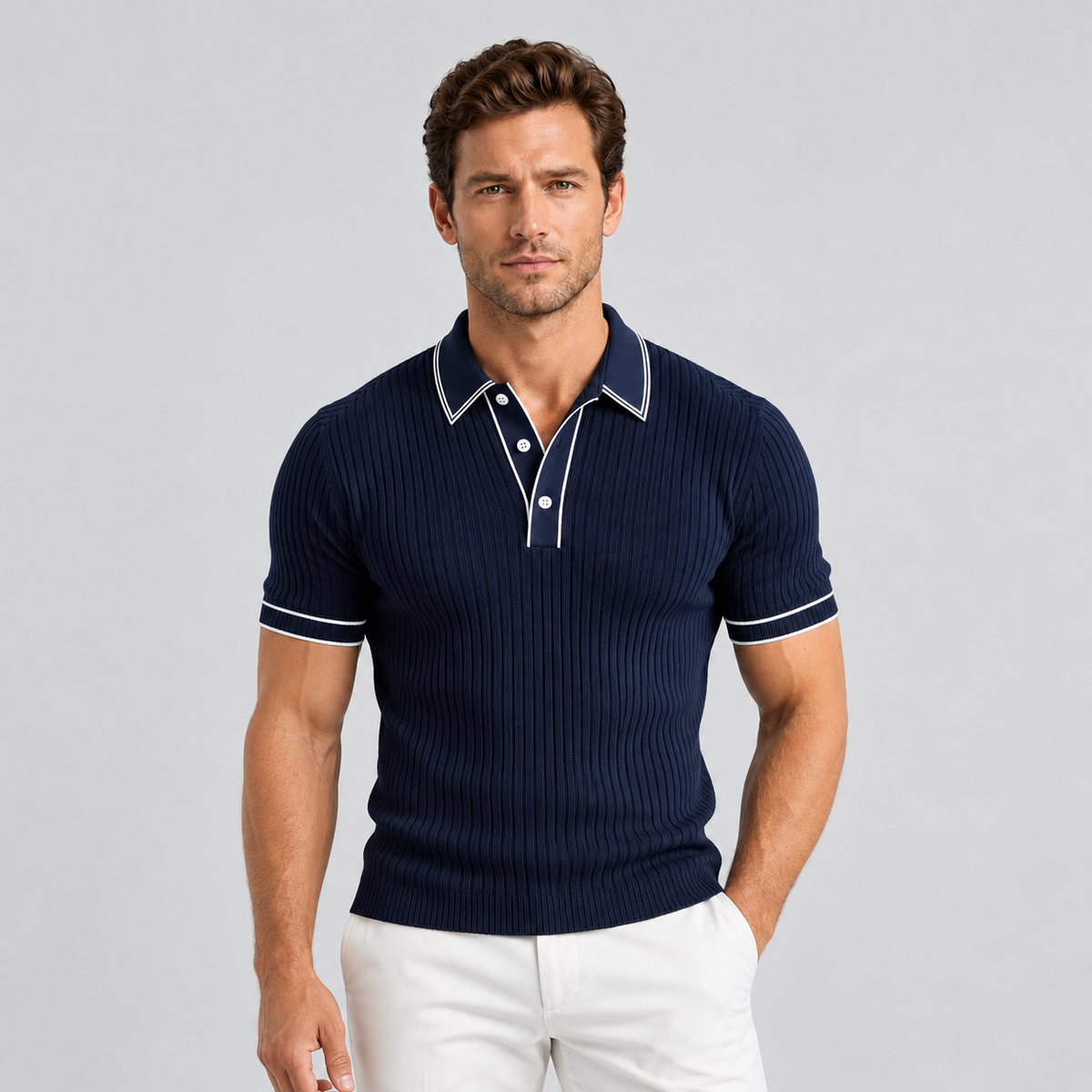 Montarello Men's Ribbed-Knit Polo Shirt with Contrast Trim — Navy Blue — studio front