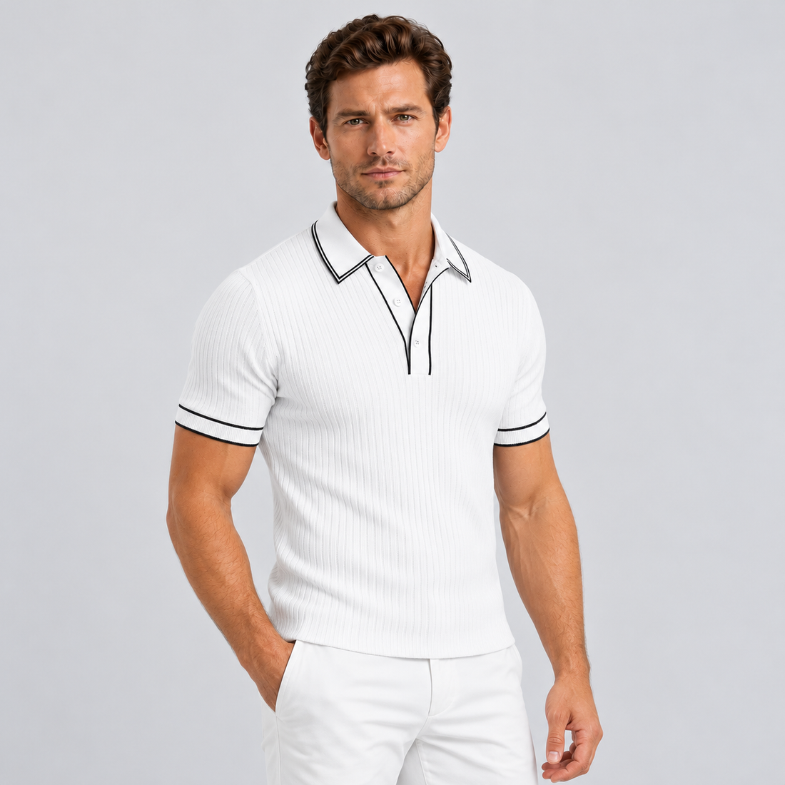 Montarello Men's Ribbed-Knit Polo Shirt with Contrast Trim — White — studio front