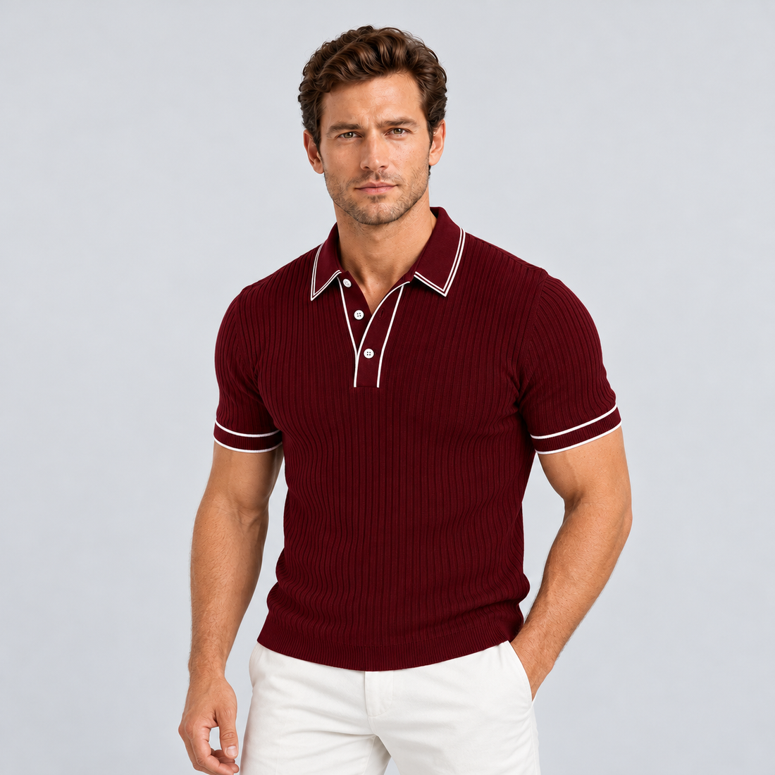 Montarello Men's Ribbed-Knit Polo Shirt with Contrast Trim — Wine Red — studio front