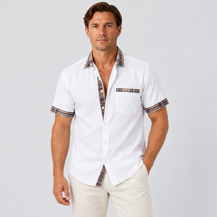 Montarello Men's Short-Sleeve Contrast-Trim Button-Up Summer Shirt — White — studio front