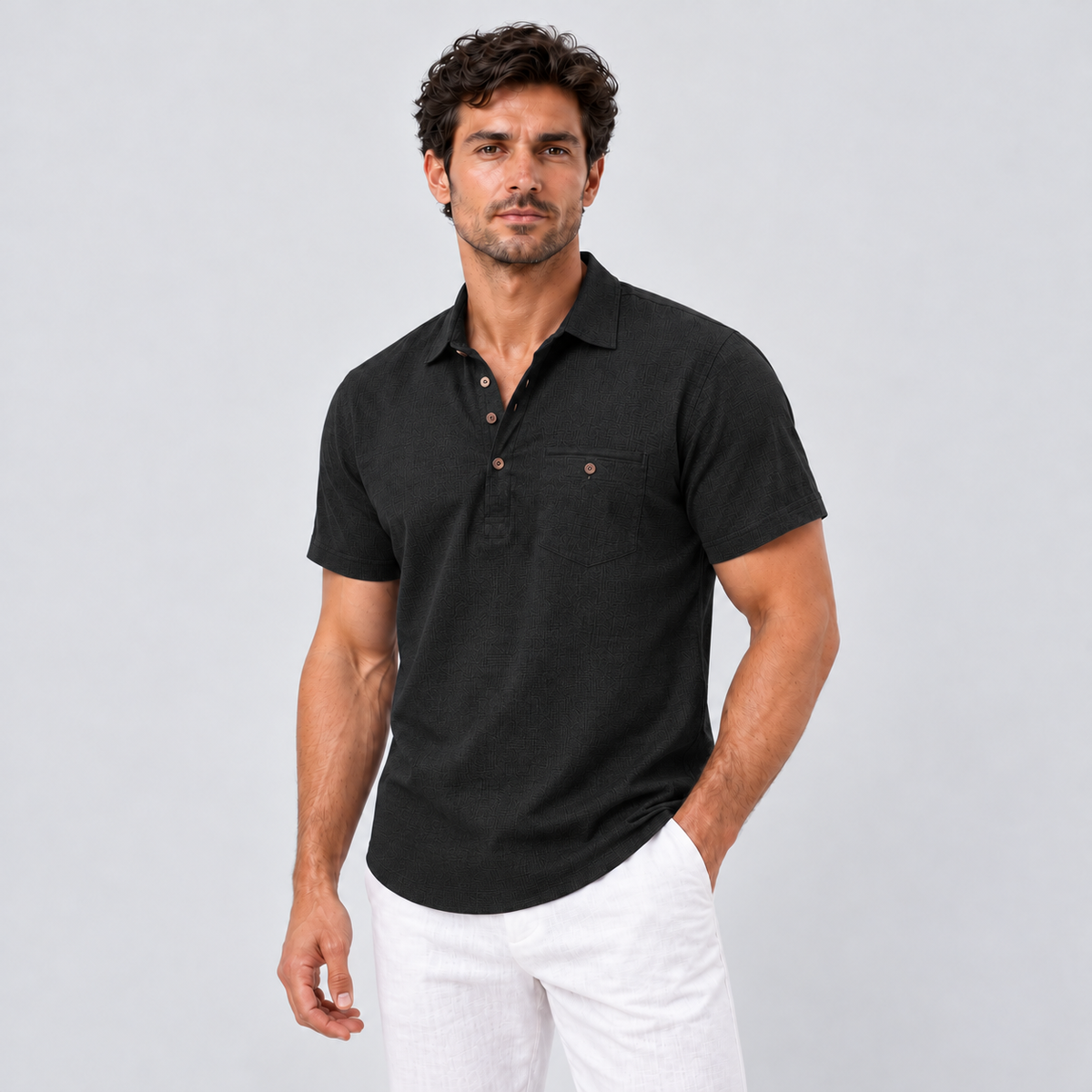 Montarello Men's Short-Sleeve Linen-Look Holiday Polo Shirt — Black — studio front