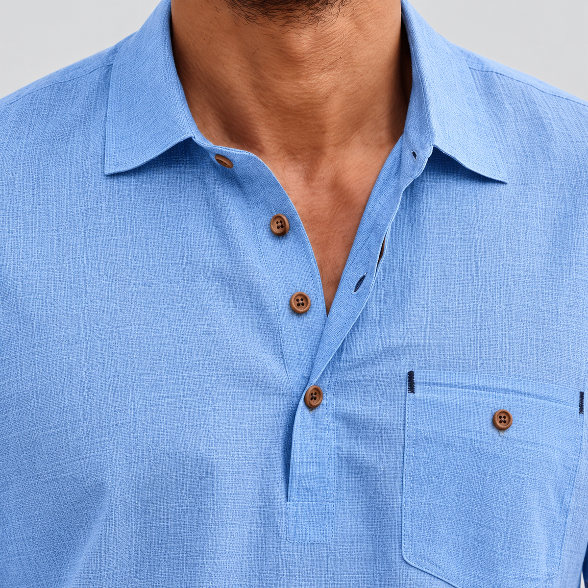 Montarello Men's Short-Sleeve Linen-Look Holiday Polo Shirt — Light Blue — closeup