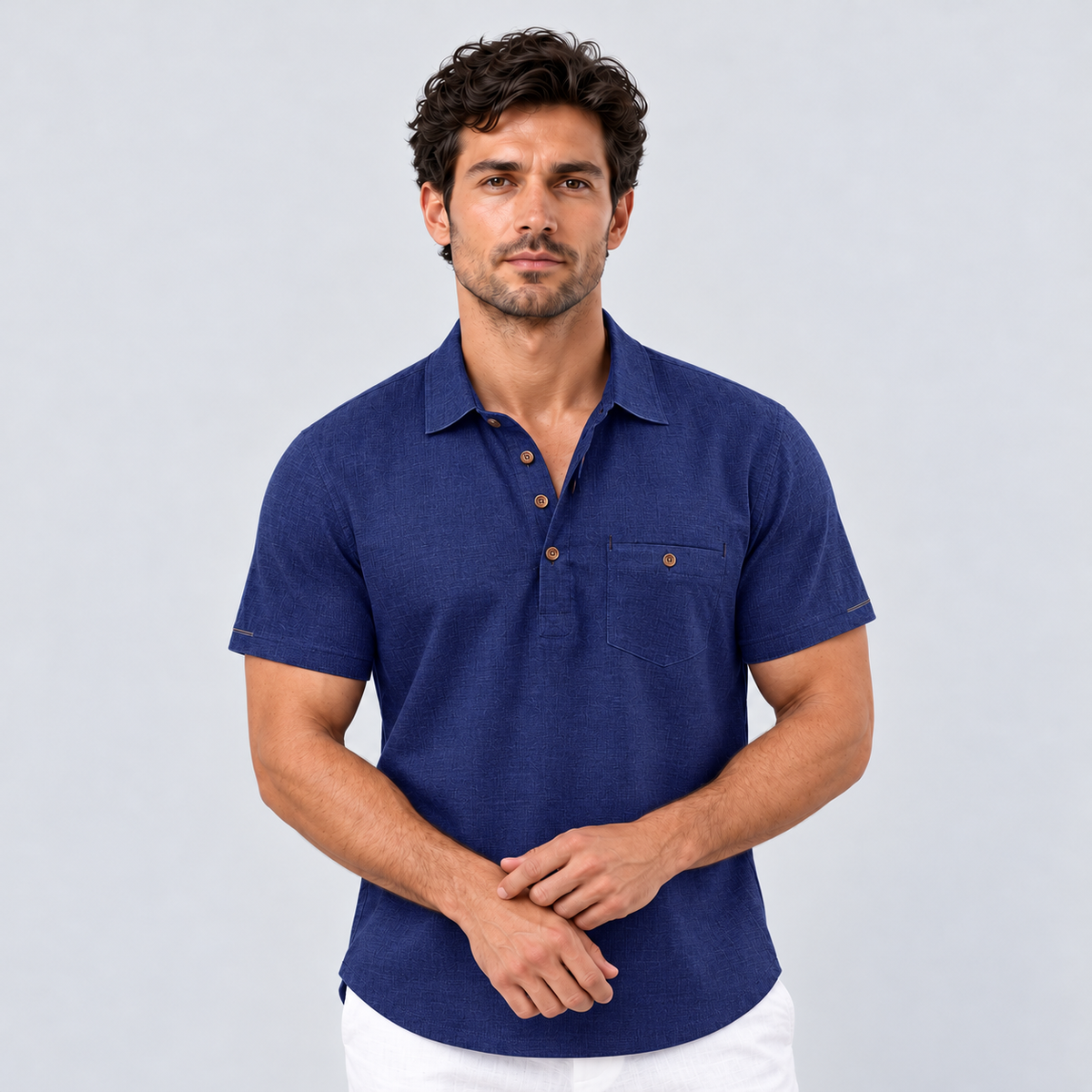 Montarello Men's Short-Sleeve Linen-Look Holiday Polo Shirt — Dark Blue — studio front