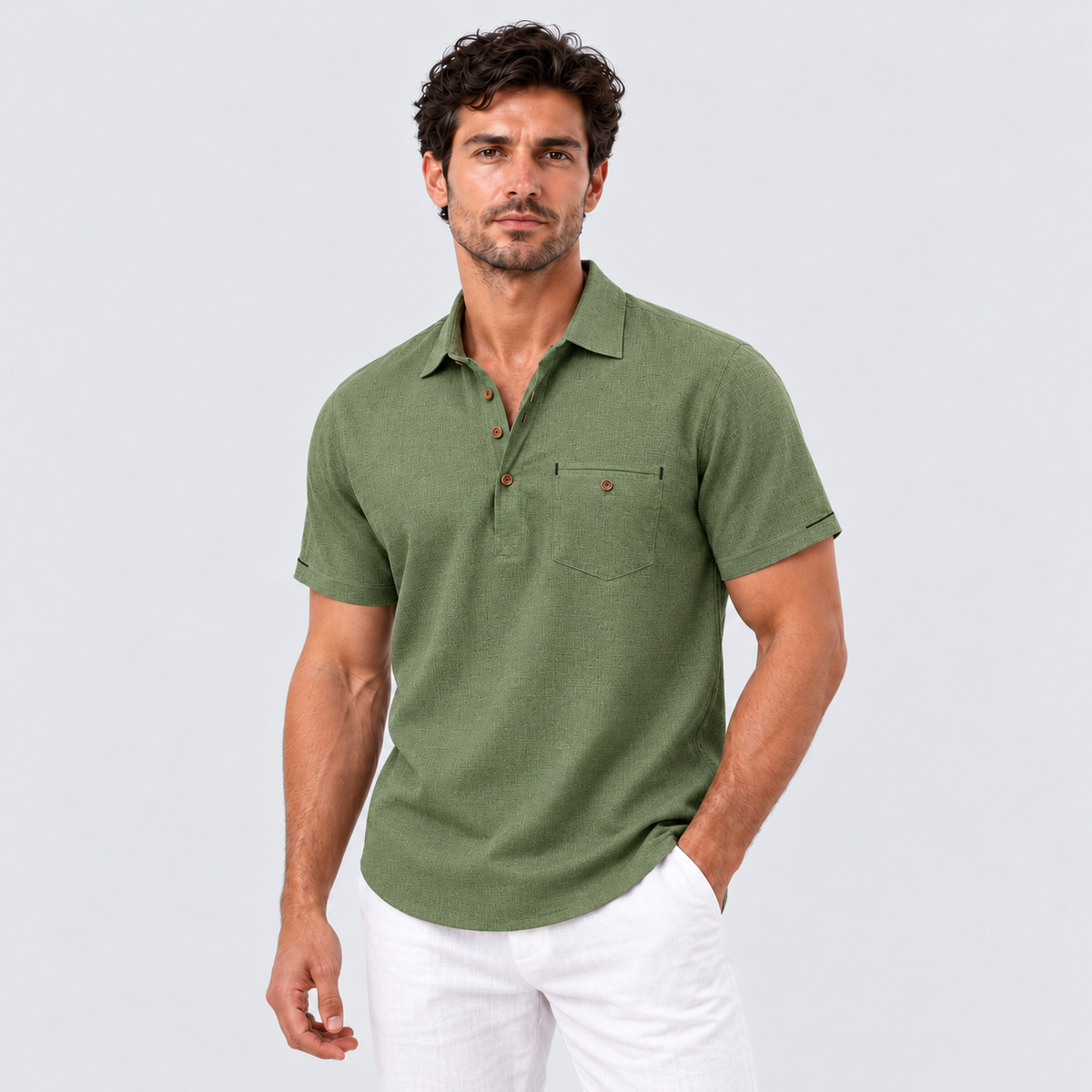 Montarello Men's Short-Sleeve Linen-Look Holiday Polo Shirt — Green — studio front