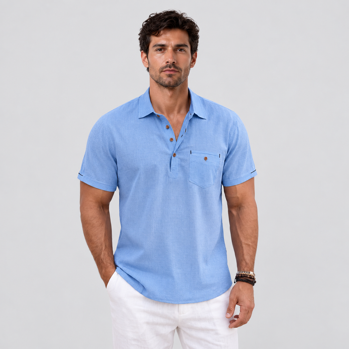 Montarello Men's Short-Sleeve Linen-Look Holiday Polo Shirt — Light Blue — studio front