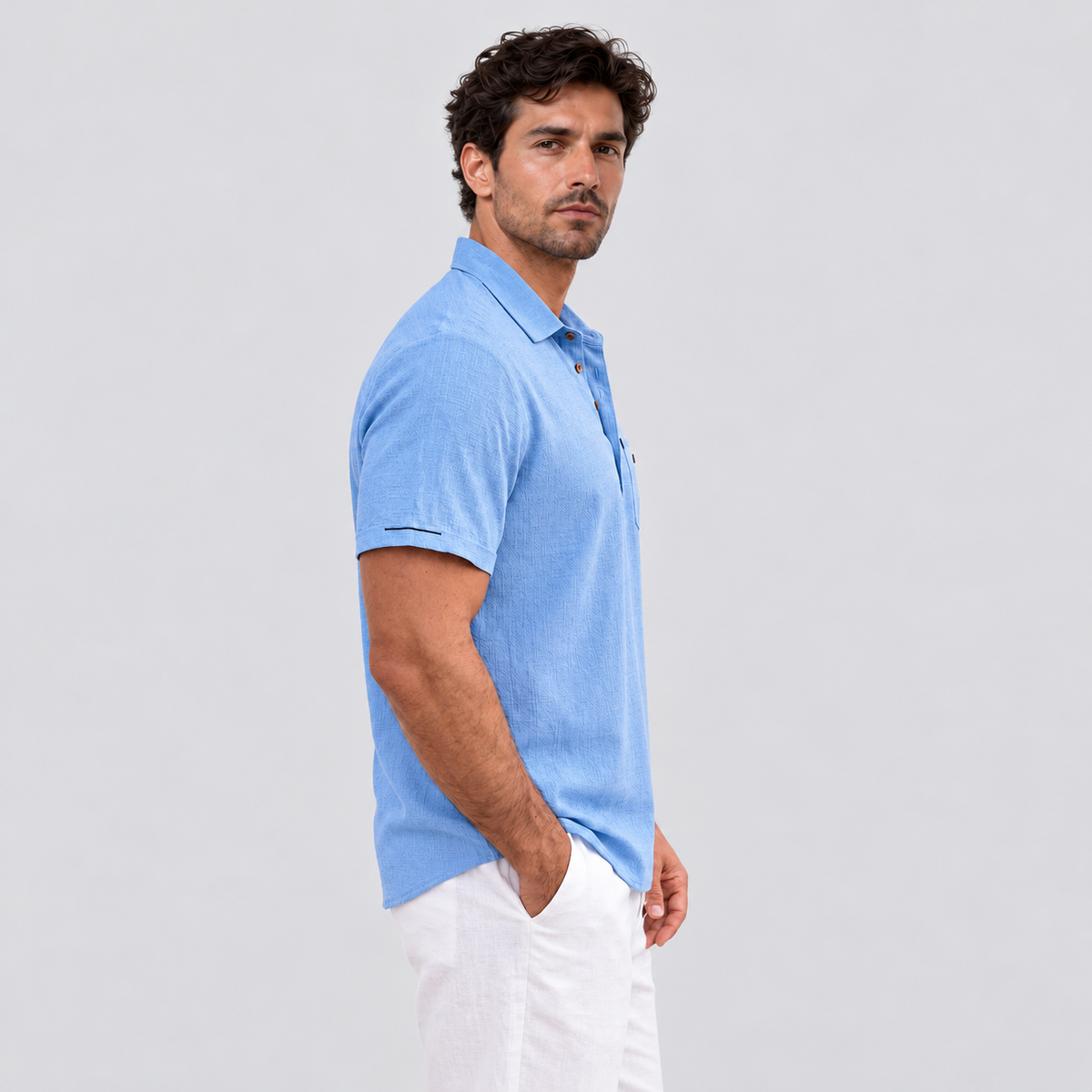 Montarello Men's Short-Sleeve Linen-Look Holiday Polo Shirt — Light Blue — side