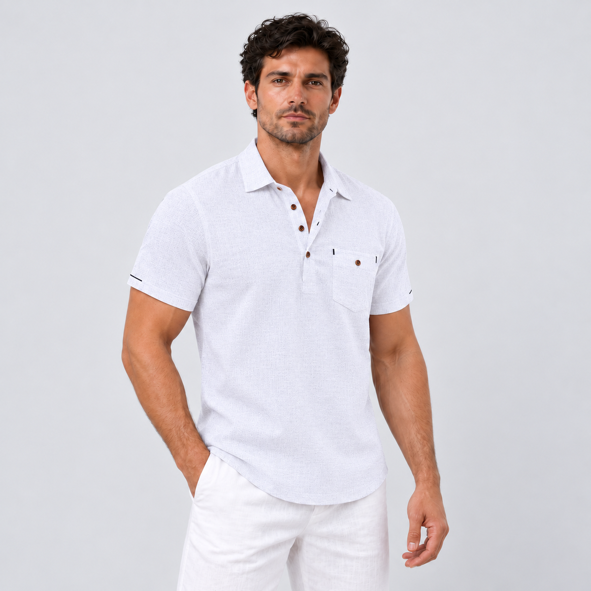Montarello Men's Short-Sleeve Linen-Look Holiday Polo Shirt — White — studio front