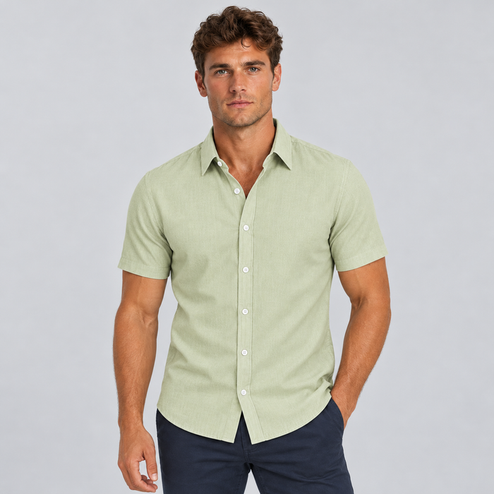 Montarello Men's Slim Fit Short-Sleeve Linen-Look Summer Shirt — Green — studio front
