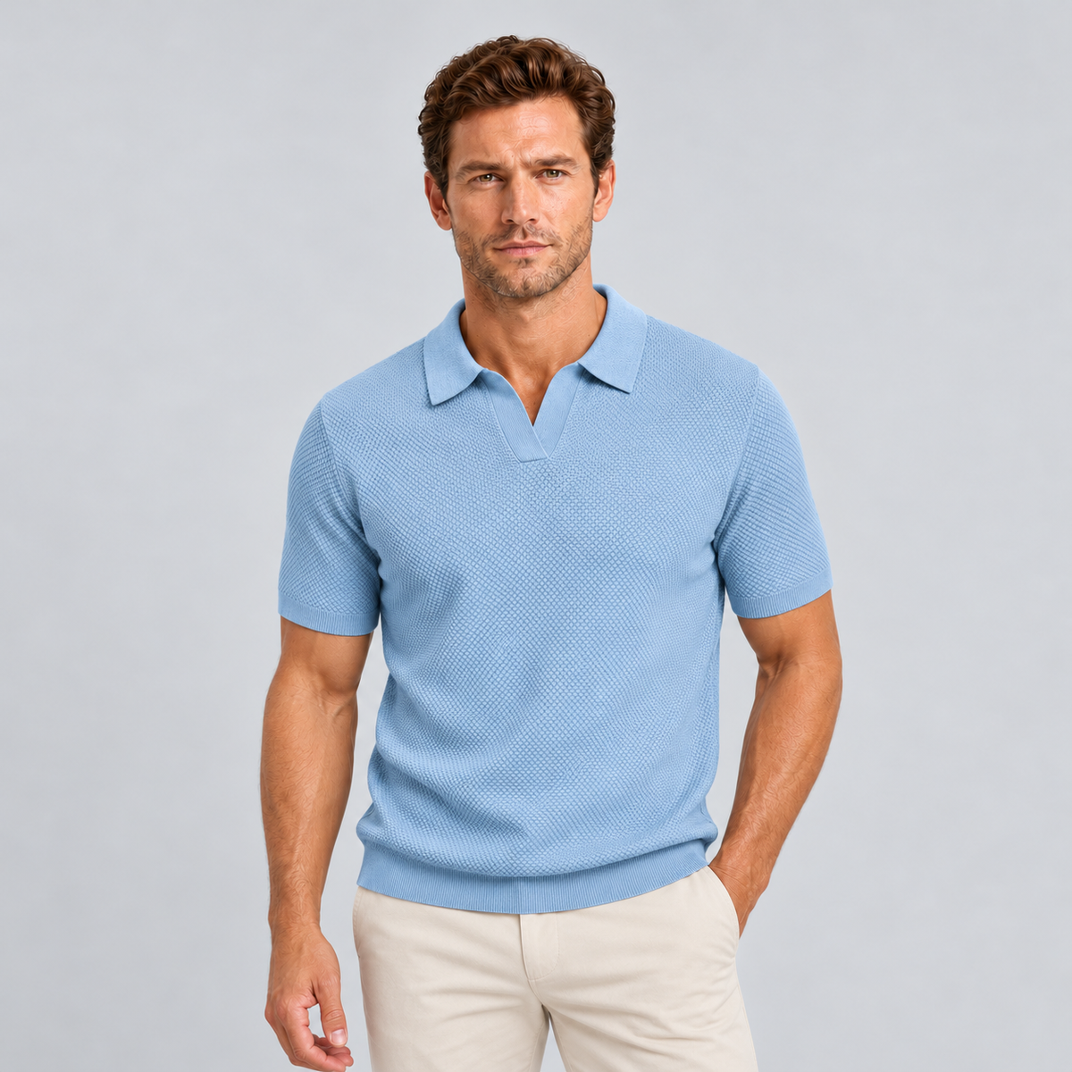 Montarello Men's Slim Fit Textured Knit Short-Sleeve Polo Shirt — Blue — studio front