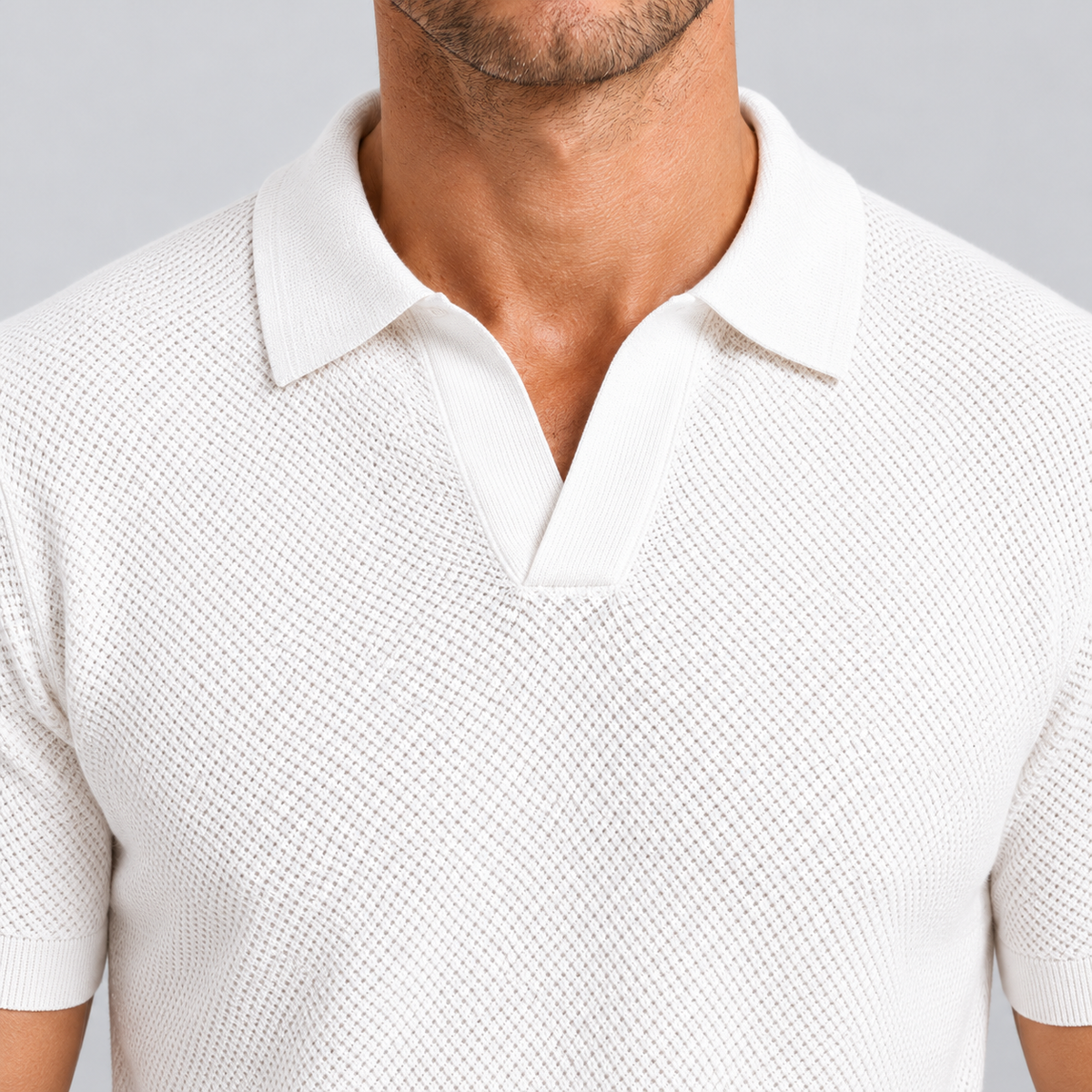 Montarello Men's Slim Fit Textured Knit Short-Sleeve Polo Shirt — White — closeup