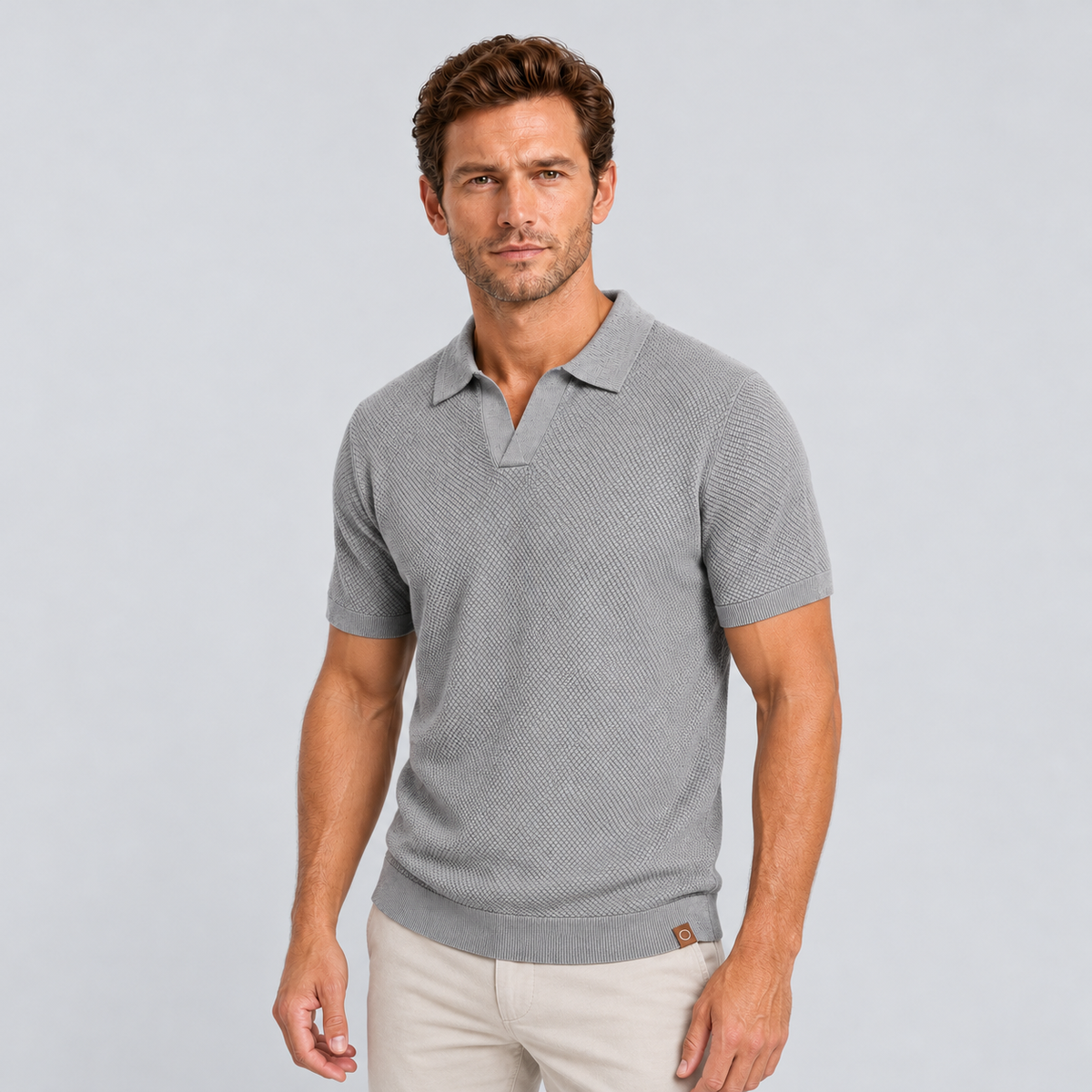 Montarello Men's Slim Fit Textured Knit Short-Sleeve Polo Shirt — Gray — studio front