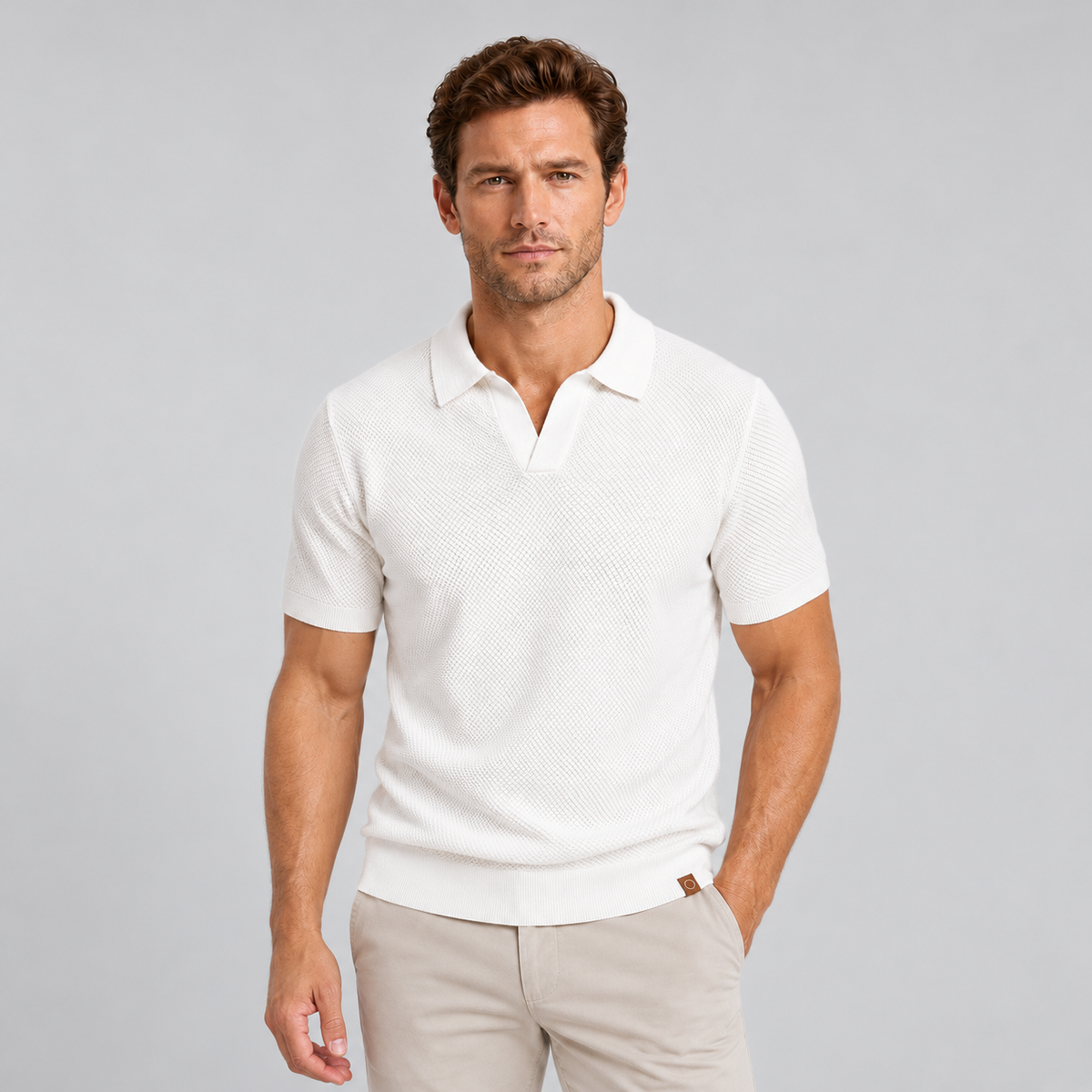Montarello Men's Slim Fit Textured Knit Short-Sleeve Polo Shirt — White — studio front