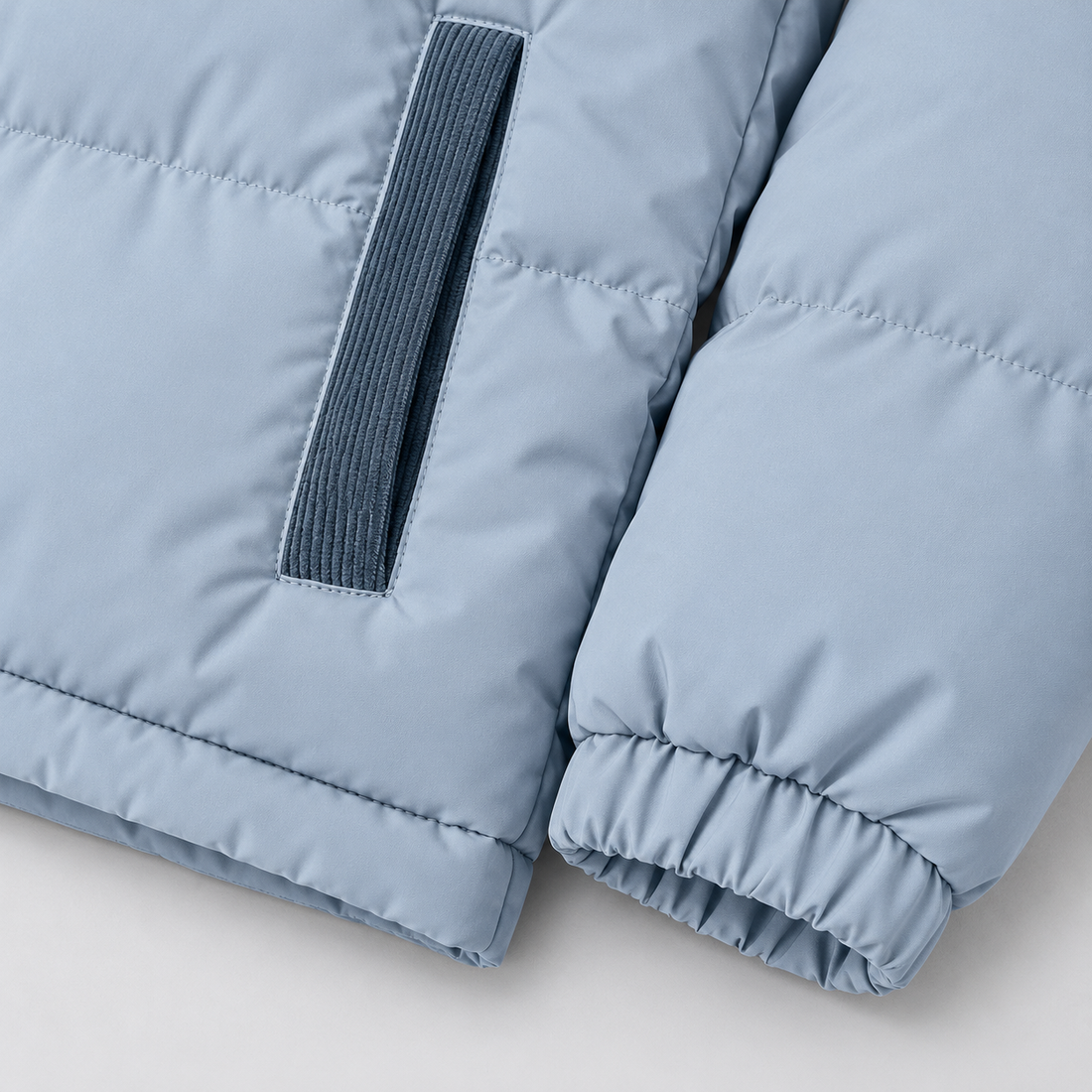 Montarello men's oversized hooded puffer jacket – sky blue sleeve pocket detail