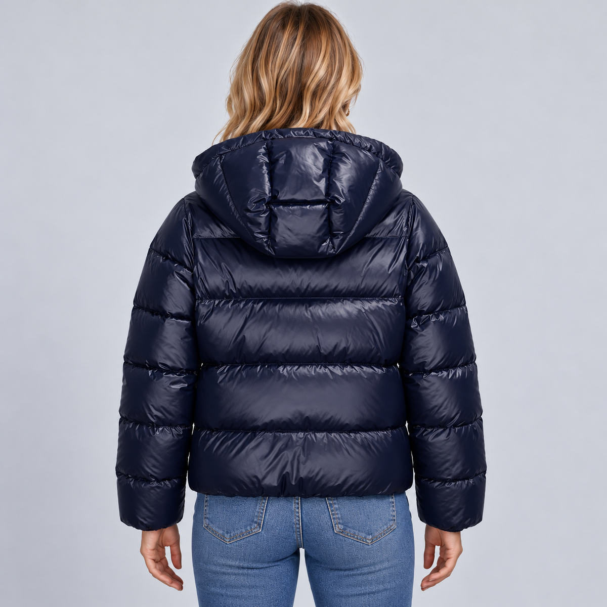 Montarello Women's Quilted Winter Jacket Hooded Full Zip - Dark Blue - back view