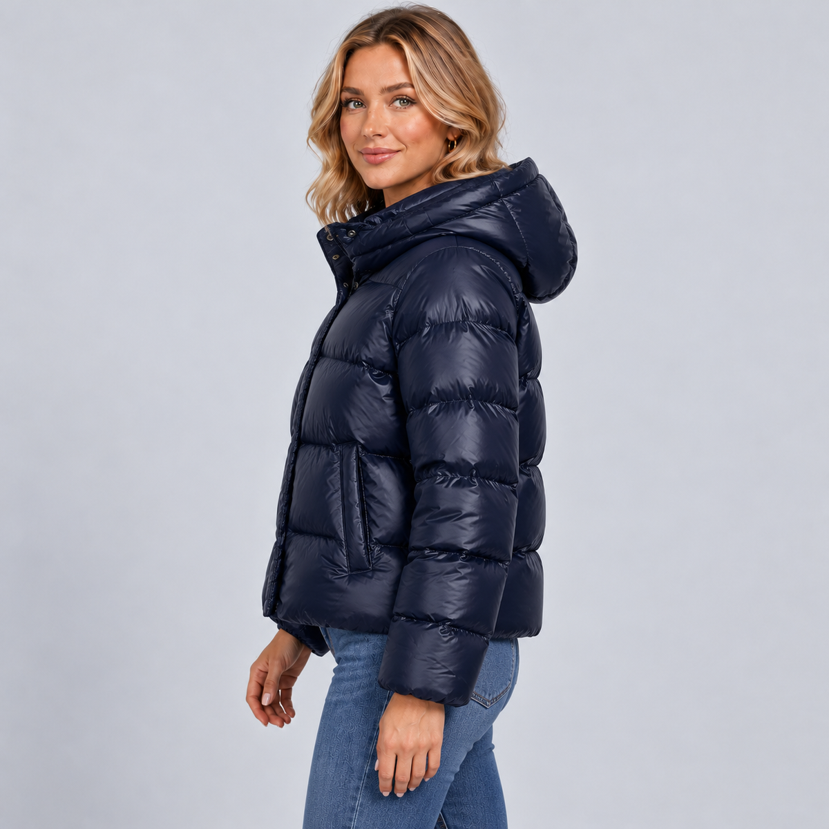 Montarello Women's Quilted Winter Jacket Hooded Full Zip - Dark Blue - side view