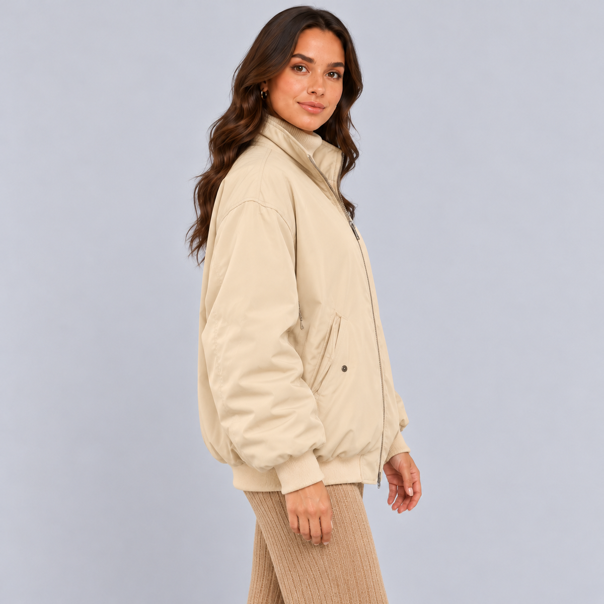 Montarello Women's Winter Jacket Double Layer Relaxed Fit - Beige - side view