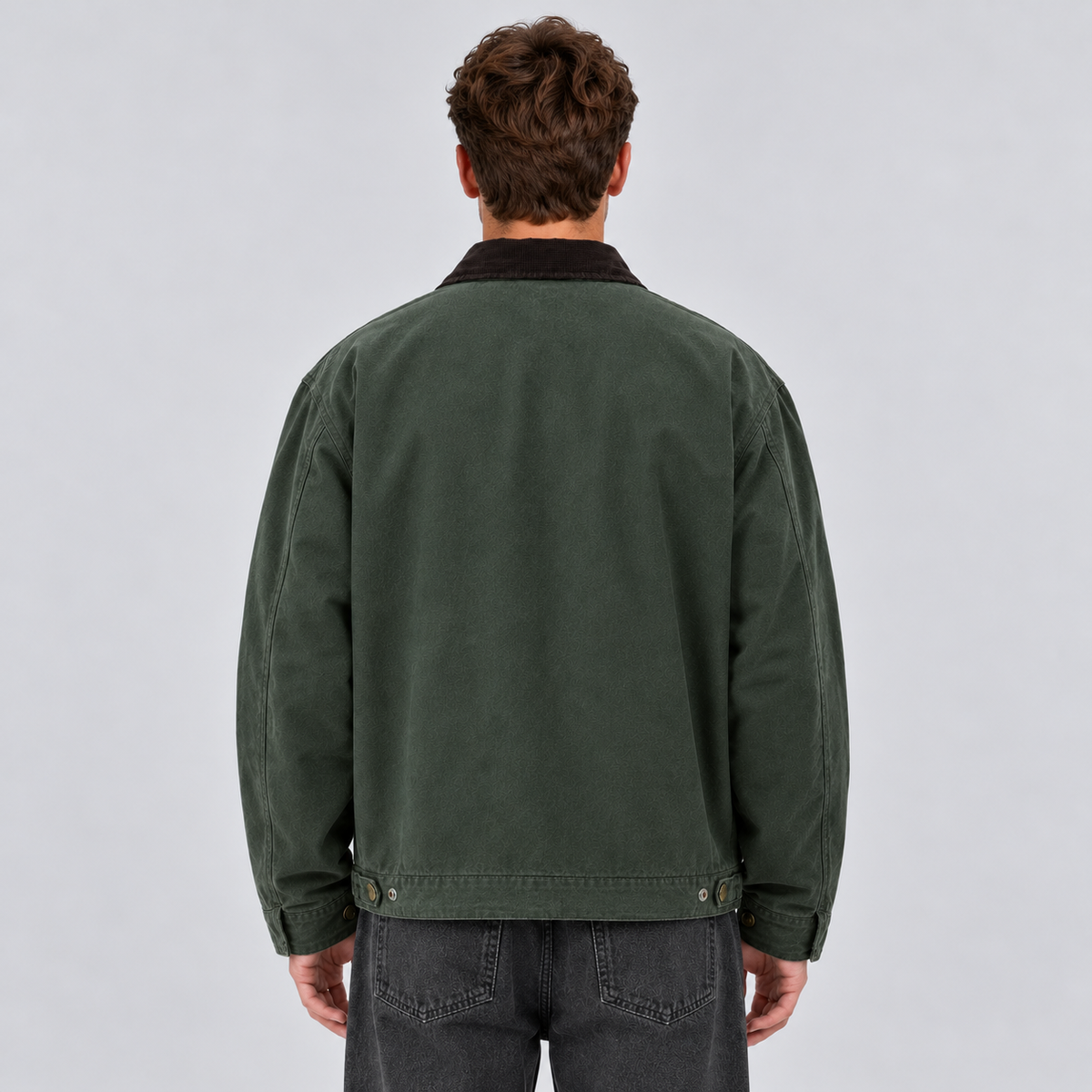 Montarello Men's Barn Jacket Canvas Corduroy Collar Zip Up - Green - back view