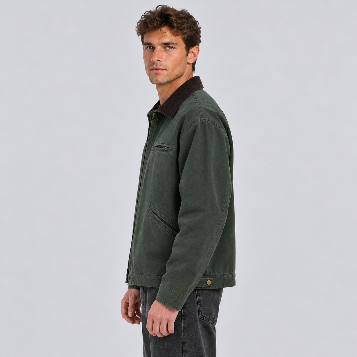 Montarello Men's Barn Jacket Canvas Corduroy Collar Zip Up - Green - side view