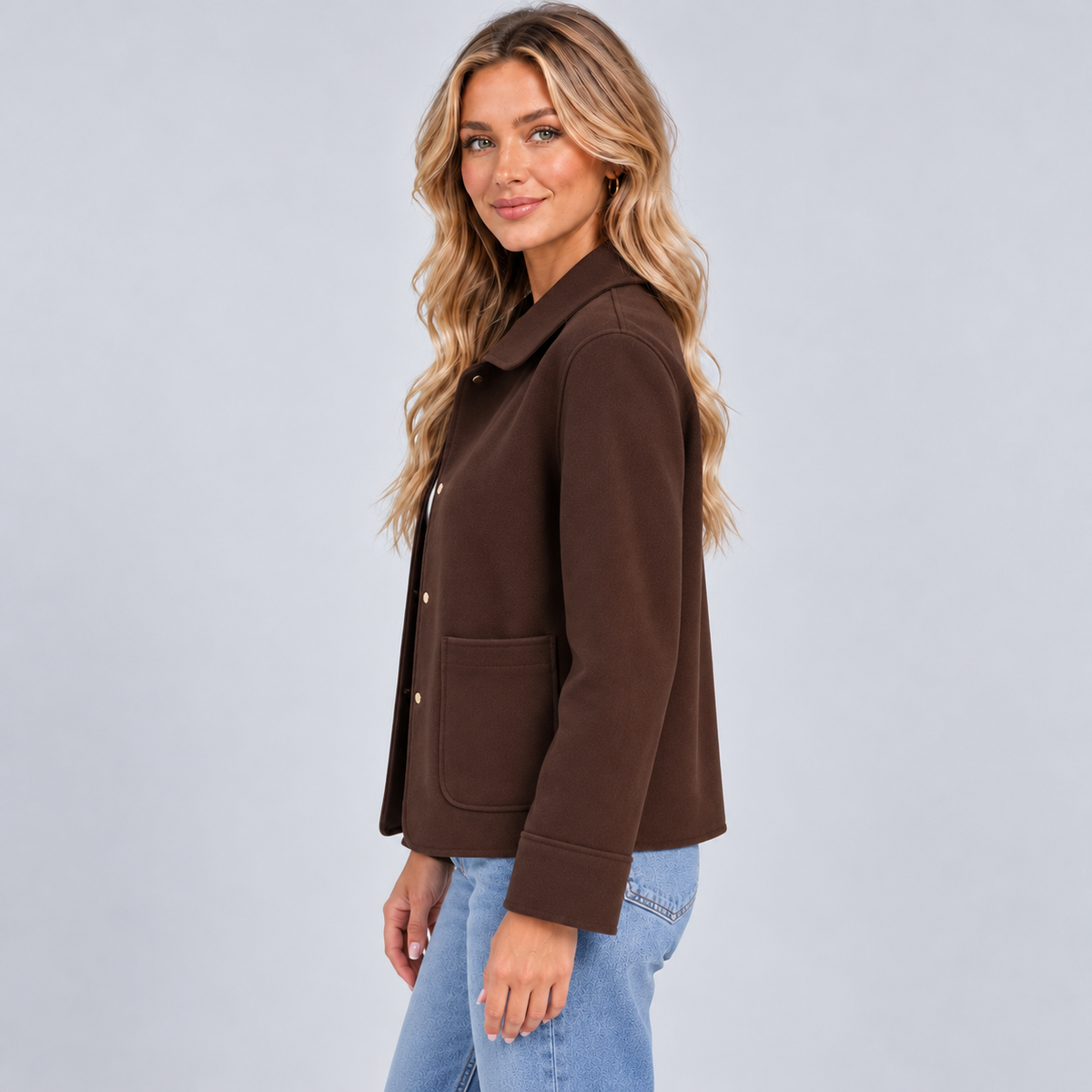 Montarello Women's Overshirt Jacket Collared Button Front - Brown - side view