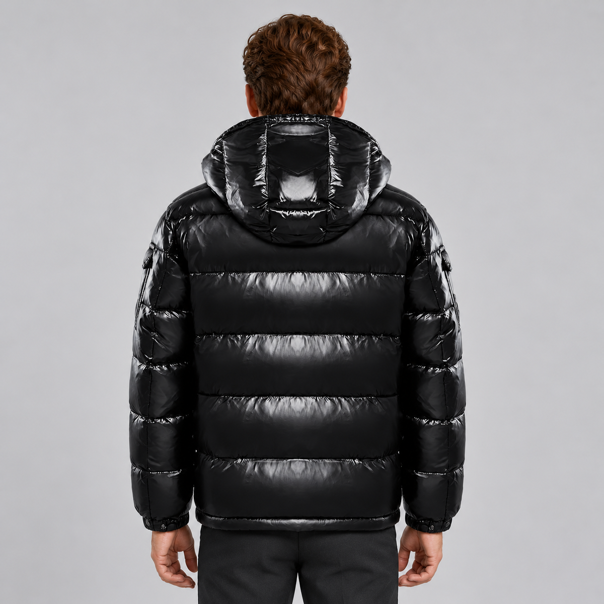 Montarello Men's Puffer Jacket Glossy Hooded Full Zip - Black - back view