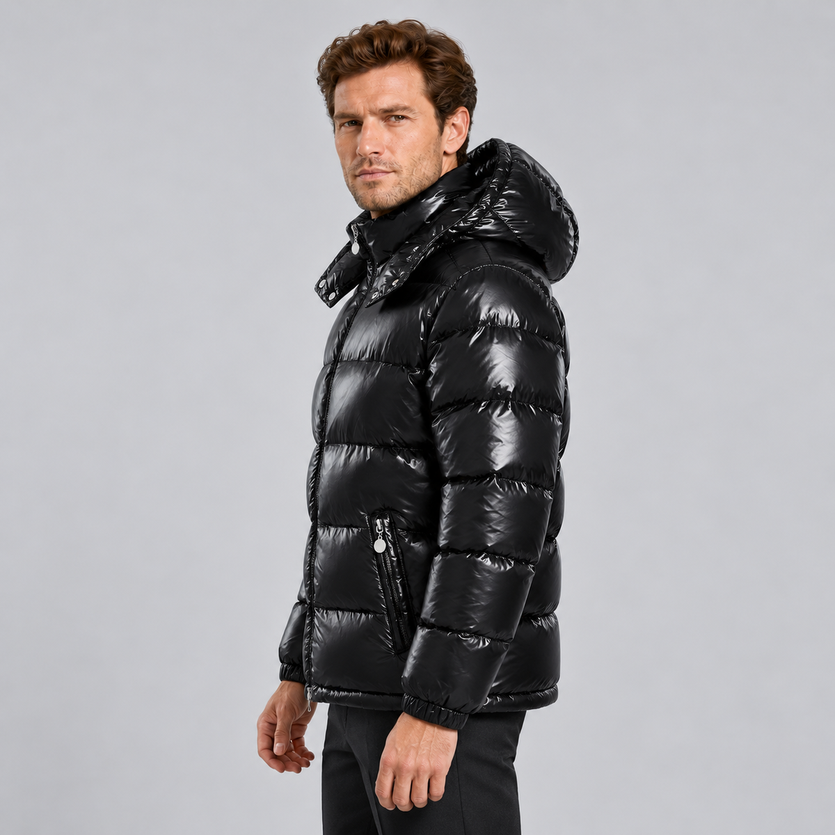 Montarello Men's Puffer Jacket Glossy Hooded Full Zip - Black - side view