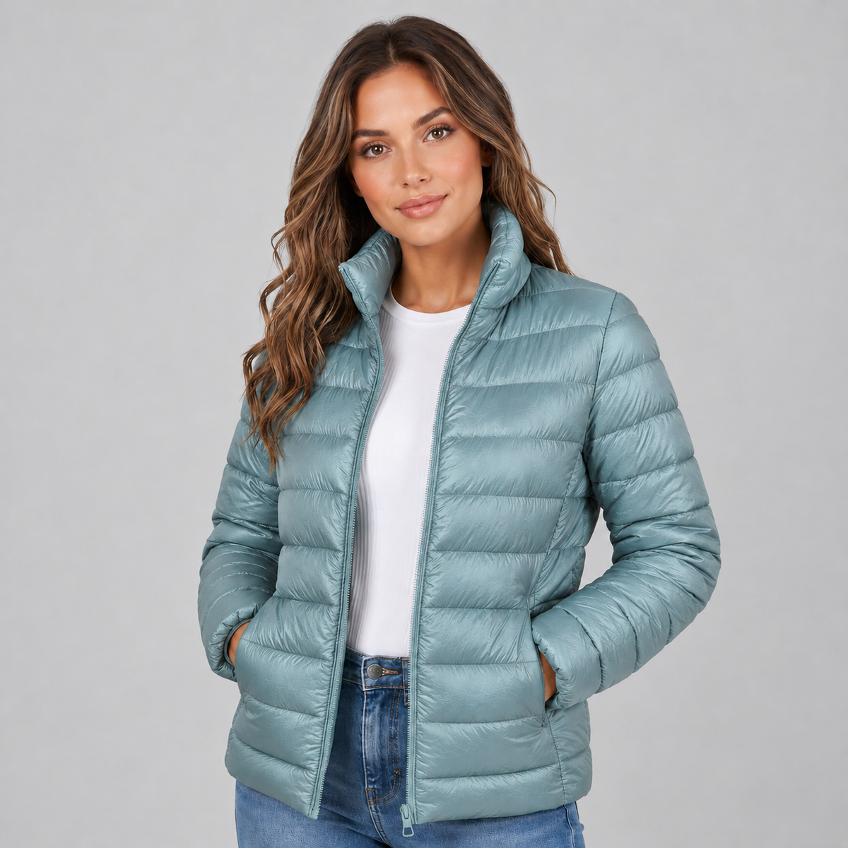 Montarello lightweight puffer jacket – Peacock blue – corrected colour and fabric finish