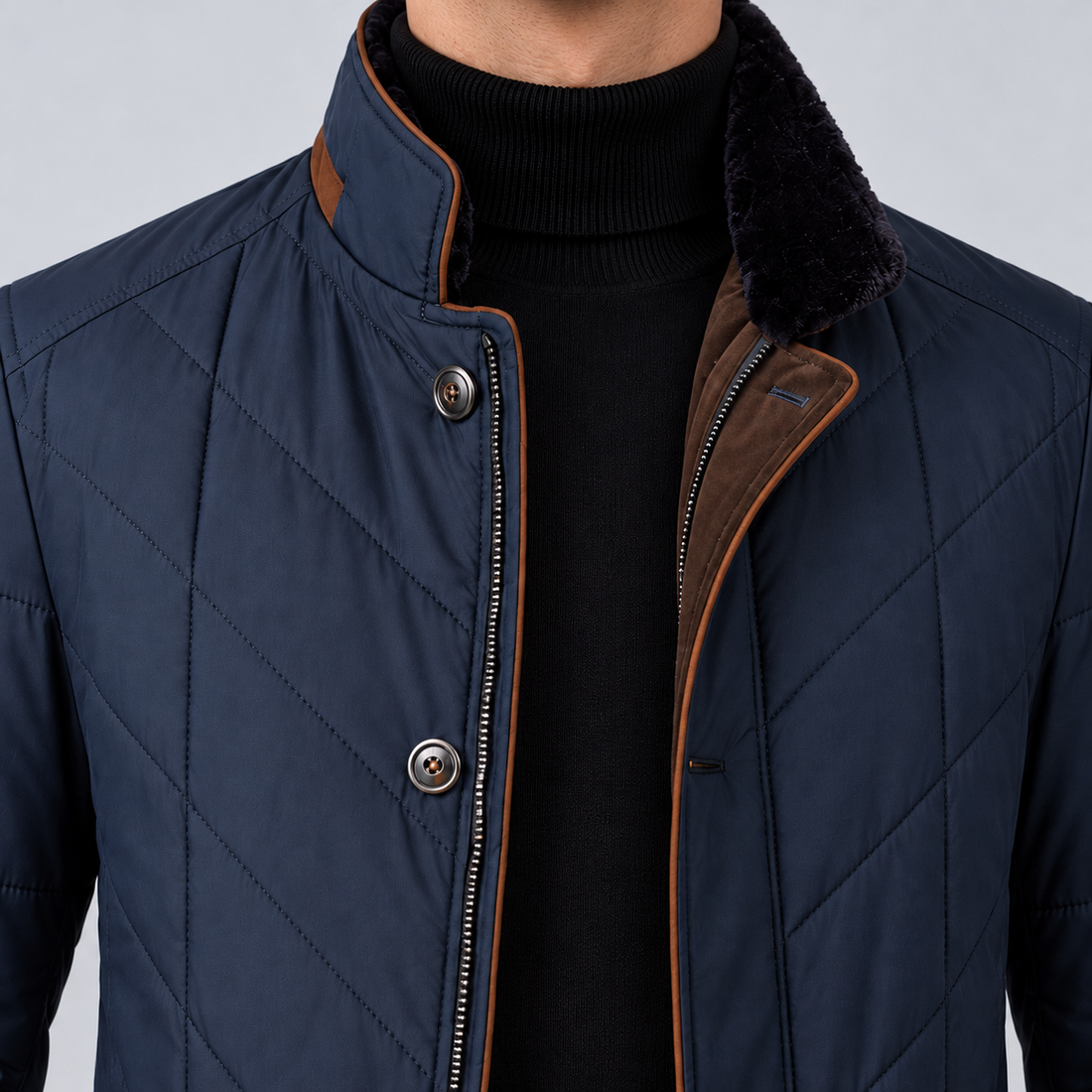 Montarello men's quilted stand collar jacket – dark blue closeup