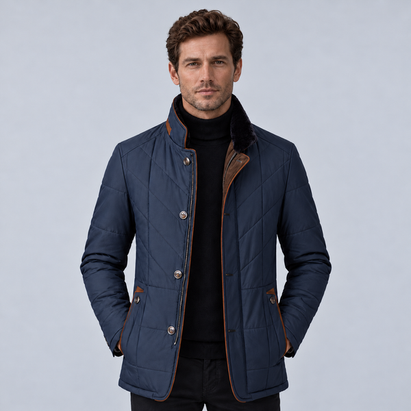 Montarello men's quilted stand collar jacket – dark blue front