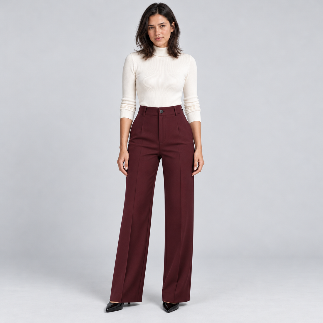 Women's high-waisted tailored trousers – burgundy front