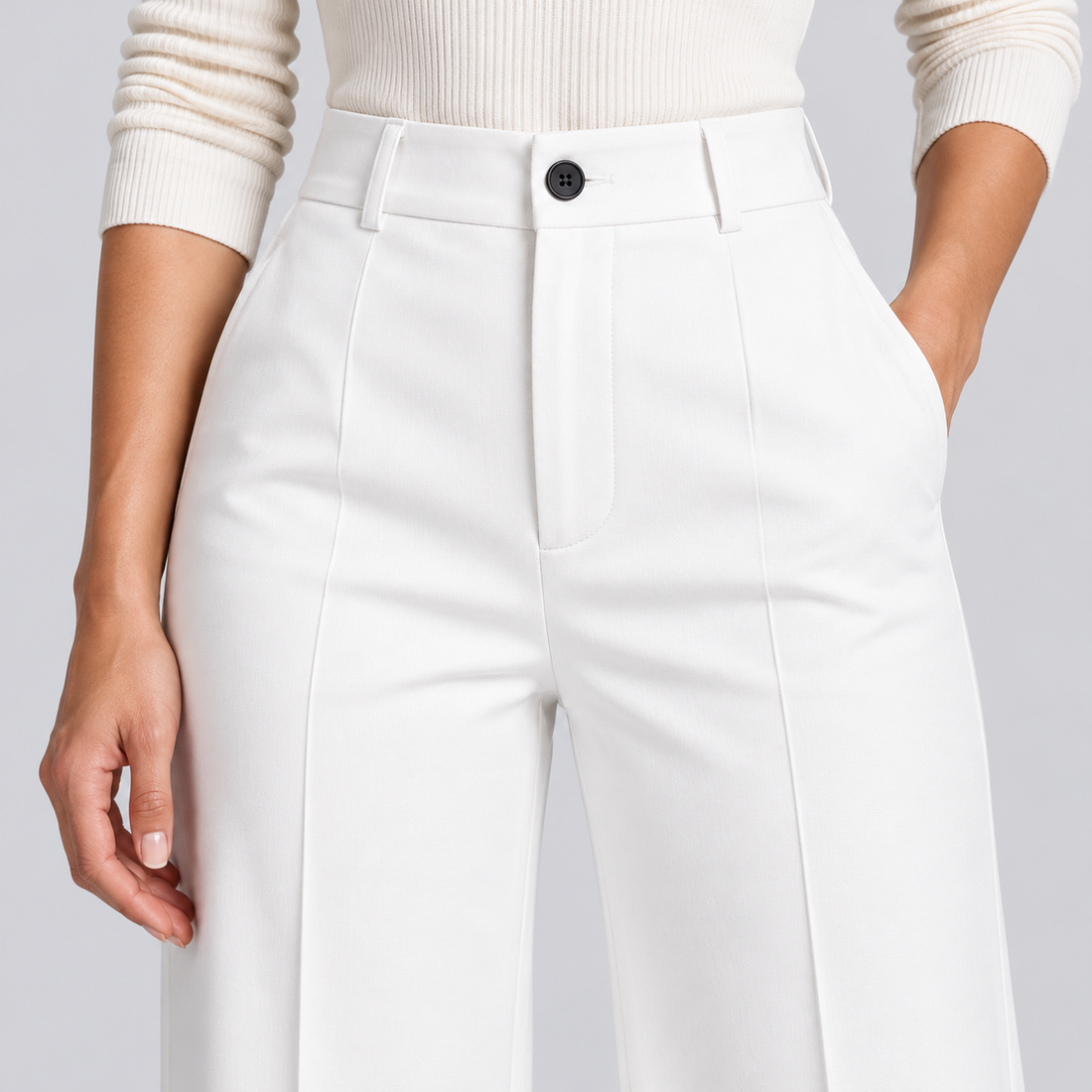 Montarello Women's High-Waisted Tailored Trousers with Straight Leg – white detail