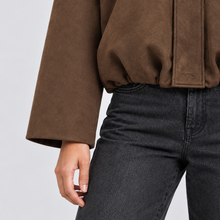 Montarello Women's Faux Suede Bomber Jacket with Zip Front – brown detail