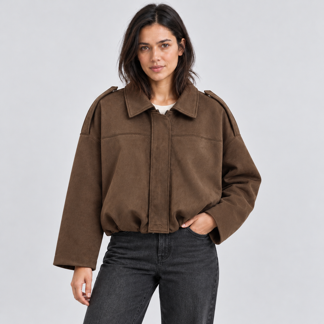 Women's faux suede bomber jacket – brown front