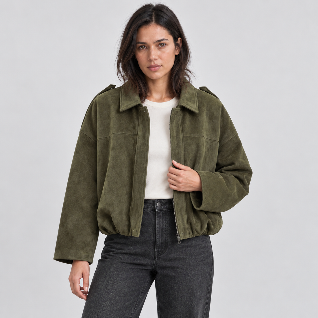 Women's faux suede bomber jacket – green front