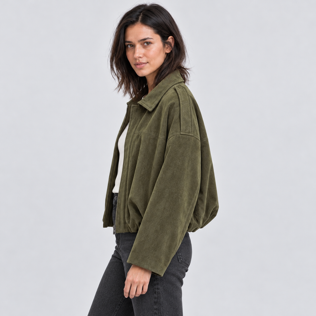 Women's faux suede bomber jacket – green side