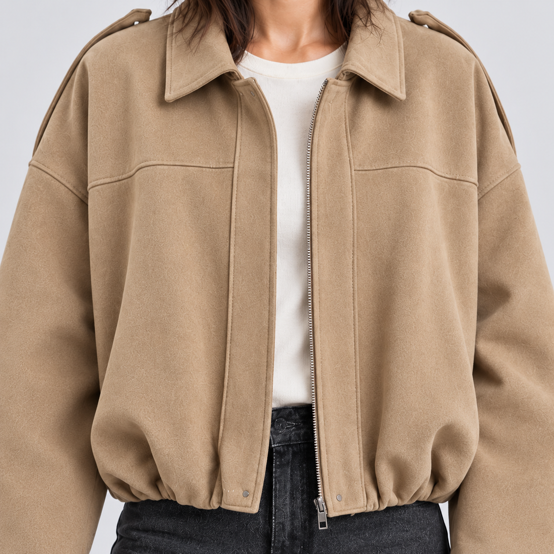 Montarello Women's Faux Suede Bomber Jacket with Zip Front – khaki detail
