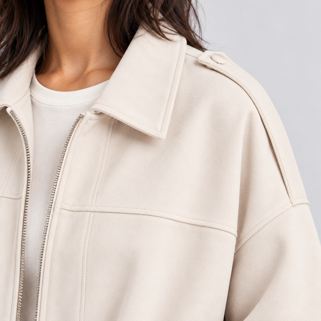 Montarello Women's Faux Suede Bomber Jacket with Zip Front – white detail