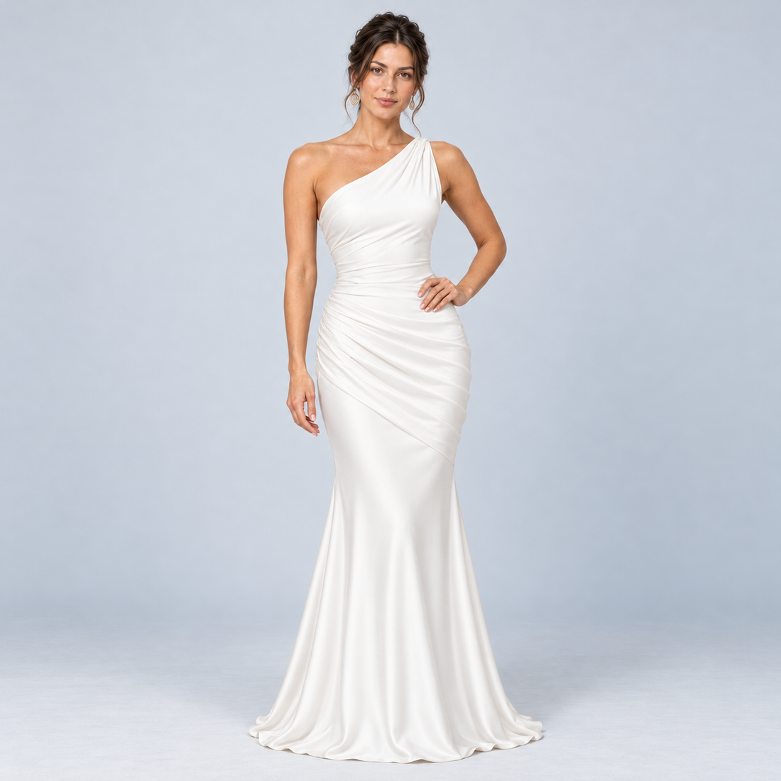 Montarello Women's One-Shoulder Satin-Look Maxi Dress – white front